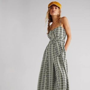 Free People Hold Me Tight Jumpsuit Indigo Combo Gingham Wide Leg Sz S